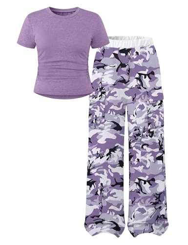Qetobolly Girls Outfits Pleated Short Sleeve Top and Camo Wide Leg Pants Set Clothes for Girls 7-8 2PC Cute Summer Outfits