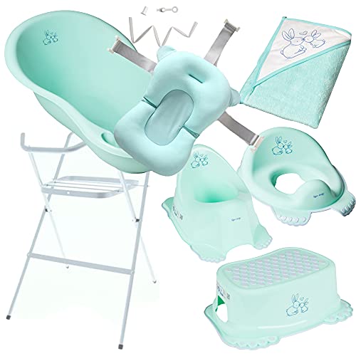 Primabobo Babypflegeset Bade-Set für Babys Kleinkinder von Teile Badewanne mit Badekissen Ablaufschlauch Gestell Handtuch Toilettenaufsatz Nachttopf Badehocker Hase Blau Cover