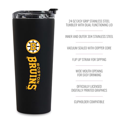 Image of Rico Industries NHL Hockey Boston Bruins Standard Black 24oz Stainless Steel Tumbler with Lid and Dual Functioning Lid