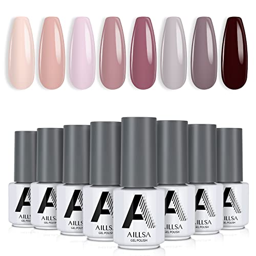 AILLSA Gel Nail Polish Set - Nude Gel Polish 8 Colors Pink Purple Gel Polish Kit for All Seasons, Brown Grey Neutral Soak Off LED Gel Nail Kit Nail Art Manicure DIY Home Salon