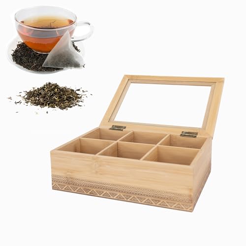 LIN HOME Cajita de Madera y Bambú con Tapa de Cristal con 6 Compartiments para Bolsas de Té o Sobres de Azúcar,Rectangular