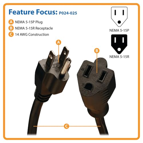 Image of Tripp Lite Power Cord Extension Cable, Heavy Duty, 14AWG, 5-15P to 5-15R, 15A, 25' (P024-025) black