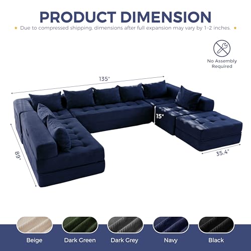 Image of MAXYOYO Modular Sectional Sofa Couch, Foldable Oversized U Shaped Cloud Couch with Pillows, Tufted Boneless Lounger Floor Sofa Bed for Living Room, No Assembly Required, Navy
