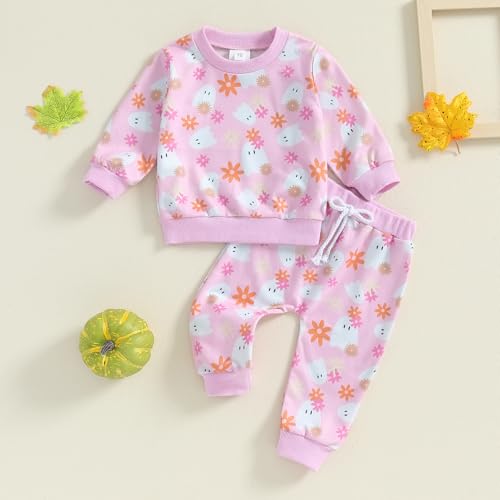 Halloween Baby Girl Outfit Ghost Floral Long Sleeve Round Neck Sweatshirt Tops Pants Toddler Halloween Clothes2