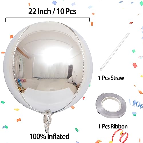 KALOR 10 Pcs 22 Inch Silver Mylar Balloons, Large 4D Giant Round Foil Balloon Big Mirror Metallic Balloons for Birthday Party Baby Shower Gender Reveal Supplies