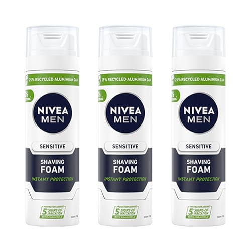 NIVEA MEN Sensitive Shaving Foam 200ml | With Chamomile & Vitamin E | Soothing Formula | Shaving Foam for Sensitive Skin | Protects Against Irritation & Cuts | Alcohol Free Formula (Pack of 3)