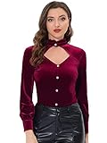 Allegra K Damen Langarm Stehkragen Rüschen Gothic Elegant Samt Hemd Top Bluse Weinrot M