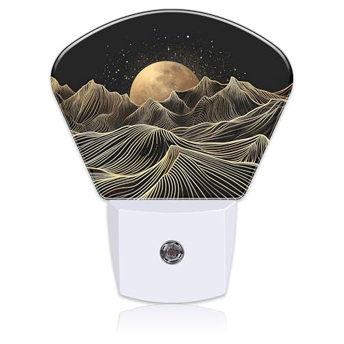 Image of Black Gold Mountain Night Light Golden Moon Nightlight Plug into Wall with Dusk to Dawn Sensor for Kid Girls Boys Women Men Room, Hallway, Kitchen, Bathroom, Stairs Decor
