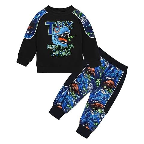 KANGKANG Toddler Boy Clothes, 12-18 Month Boy Clothes Dinosaur Pattern Letter Printed Long Sleeve Crewneck Sweatsuit Top and Pants 2 Pcs Winter Fall Outfits Set Cover