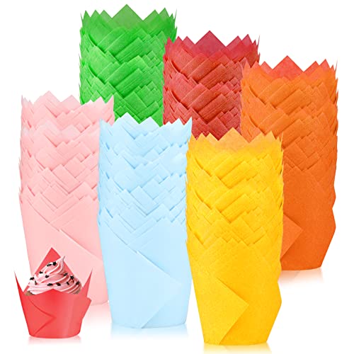 MULEVIP Caissettes Cupcake, Tasses de Papier de Cuisson de Tulipe, 300 Pièces Muffin Papier Moules à Muffins en Papier,pour Mariages,Anniversaires,Noël,Fêtes Diverses (6 Couleurs - 5 * 8cm)