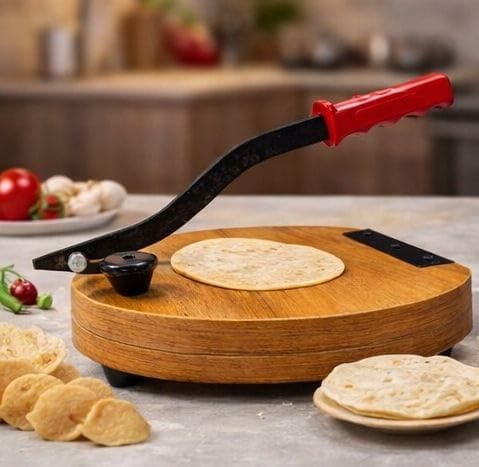 KHODAL Enterprise Wooden Manual Heavy Round Wooden Board Papad-Puri-khakhra Press Maker Plywood Machine with Iron Handle Roti Maker Press Machine with Handle for Kitchen Home