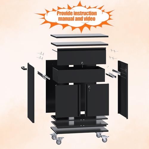 Image of Metal Garage Storage Cabinet with Wheels, Rolling Tool Cabinet with Adjustable Shelf, 1 Drawer and 2 Doors for Tools, Garage,Workshop, Black, Assembly Required