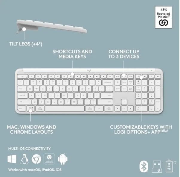 Logitech Signature Slim K950 Wireless Keyboard, Sleek Design, Switch Typing Between Devices, Quiet Typing, Bluetooth, Multi-OS, Windows, Mac, Chrome - Off White (Renewed)