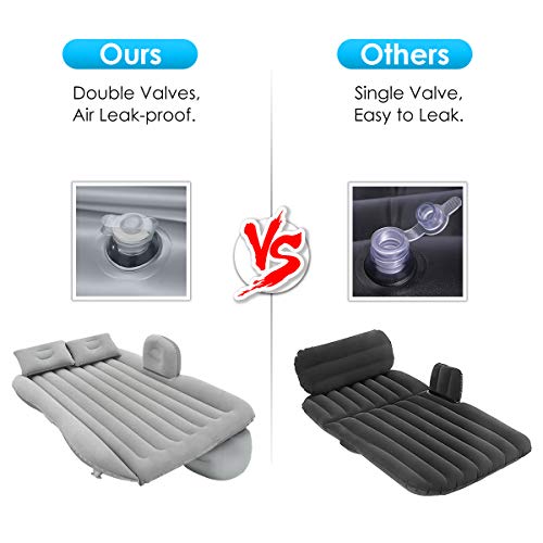 Inflatable Car Air Mattress, Removable Gray Backseat Air Bed with Air-Pump, Portable Car Travel Bed with Two Pillows Fits Most Car Models for Camping Travel, Hiking, Trip and Other Outdoor Activities
