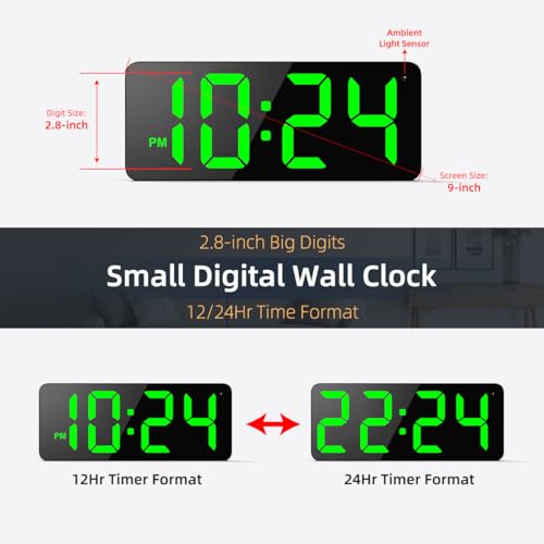 Image of LED Digital Wall Clock with Large Display, Big Digits, Auto-Brightness, 12 /24Hr Format, Modern Electric Small Silent Wall Clock for Living Room, Bedroom, Classroom, Farmhouse, Kitchen, Office - Green
