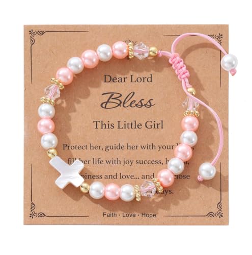 Image of Cross Pearl Bracelet, First Communion Gifts, Baptism, Easter Gifts for Teen Girls, Faith Christian Religious Bracelet for Girls
