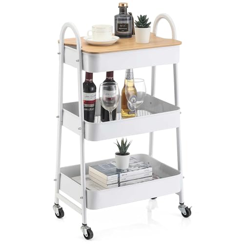 K AKTUAL Carrito Auxiliar con Ruedas, Carrito de Cocina con Tapa Bambú con 3 Ganchos,Carro Organizador almacenaje, 44x32x80cm. Ideal para baño, Cocina, salón, Oficina y estetica. Color Blanco.