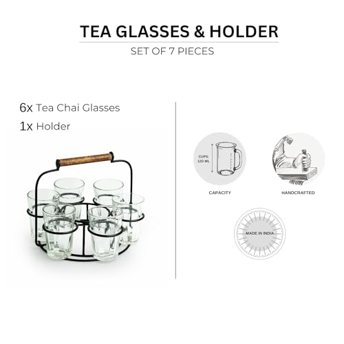 Image of ExclusiveLane 'Rail Express' Tea Glasses Set of 6 with Iron Holder (6 Glasses) | Chai Glasses with Stand Chai Cups Cutting Chai Glasses Tea Glasses with Handle Tea Cups Set of 6 Drinkware