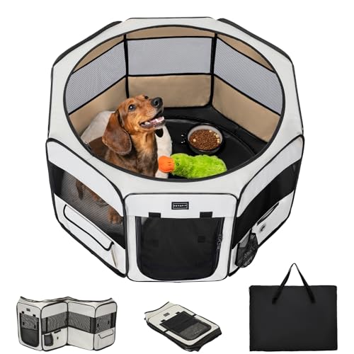 PETSFIT Portable Dog Playpen,36" Dog Play Pen Indoors with Removable Waterproof Mat & Zippered Roof | RV, Camping, Travel Dog Pen | Whelping & Cat Observation Space(36" L x 36" W x 21" H)