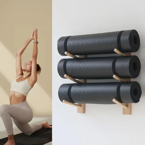 Wooden Yoga Mat Holder Wall Mount – 3-Layer Foam Roller Organizer, Space-Saving Wall Rack for Home Gym, Office & School Fitness Storage (55cm)