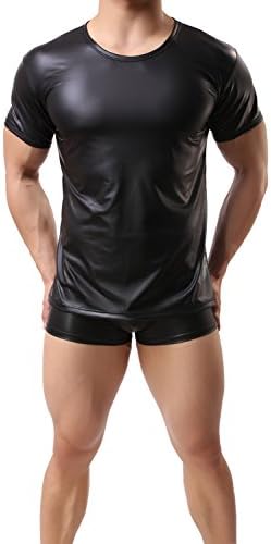 ONEFIT Mens Faux Leather T-Shirt Nightwear Tops Undershirt Black
