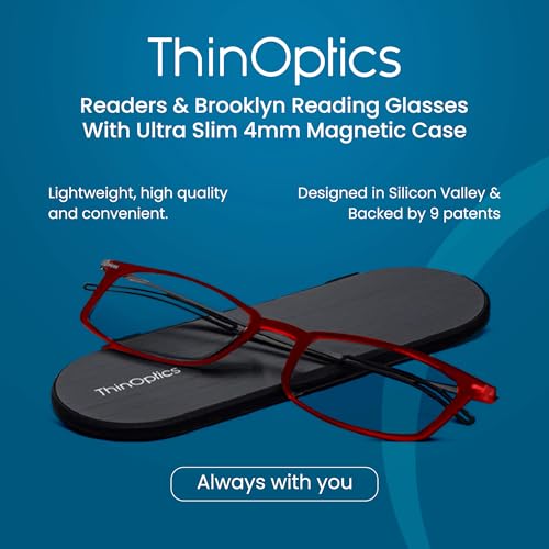 ThinOptics Reading Glasses 1.0 1.5 2.0 2.5 with Slim 4mm Magnetic Case - Ultra Light Spectacles with Rectangular Frame - Stylish Readers for Men & Women – Thin Design with Brushed Aluminium Case