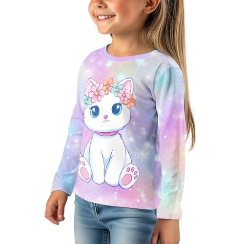 Image of Girls Cartoon Print Long Sleeve Graphic Tee Casual Crew Neck T-Shirts for 3-16 Years Little Girls