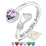 Silver Hug Rings, Love Heart Thumb Rings for Women Adjustable Cubic Zirconia Open Ring I Love You Forever Engraved Words Sister Friendship Gifts with Gift Card & Box, Amethyst Stone
