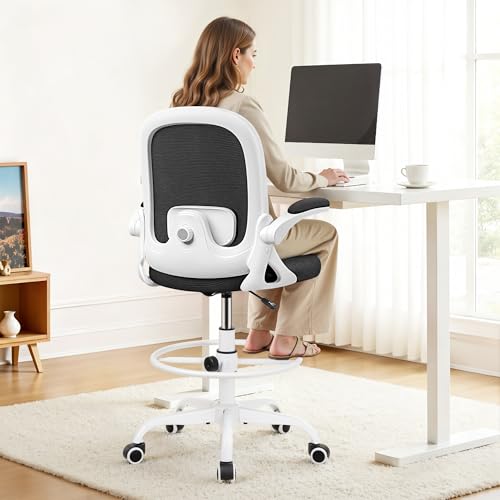 Primy Home Office Drafting Chair - Tall Desk Chair with Flip-up Armrests 3D Lumbar Support, Comfort Drafting Chair with Footrest for Standing Desk, High Chair for Bar Study Work 2401-Z White