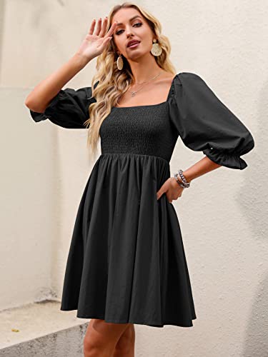 Anrabess Womens Smocked Square Neck Dress Short Puff Sleeve A-Line Casual Short Mini Dress 510Heise-S Black #TOP26