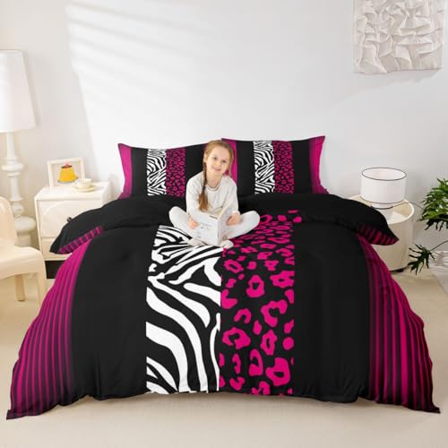 Parure de lit léopard rose et noir Manfei King Size avec taies d'oreiller