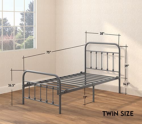 CASTLEBEDS Vintage Twin Metal Bed Frame with Headboard and Footboard – Platform/Wrought Iron/Heavy Duty/Solid Sturdy Metal Slat/Rustic Gray Silver/No Box Spring Needed/Mattress Foundation AMBEE21 - Thumbnail 3