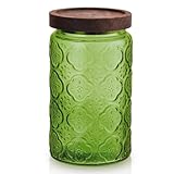 TkoYuHm Glass Mason Jars with Airtight lids Decorative Vintage Food Storage Container with Embossed Crabapple Blossom Clear Green Kitchen Canister for Coffee Tea Cookie (Green Crabapple, Large)