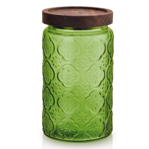 TkoYuHm Glass Mason Jars with Airtight lids Decorative Vintage Food Storage Container with Embossed Crabapple Blossom Clear Green Kitchen Canister for Coffee Tea Cookie (Green Crabapple, Large)