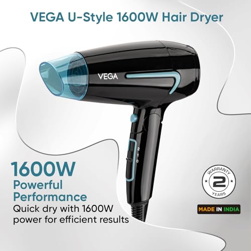 Vega U Style Foldable Hair Dryer for Women & Men with 1600W, Cool Shot Button, 2 Speed/3 Heat Settings, Detachable Nozzle, Travel Friendly, Fast Hair Drying, (VHDH-24) - Image 3