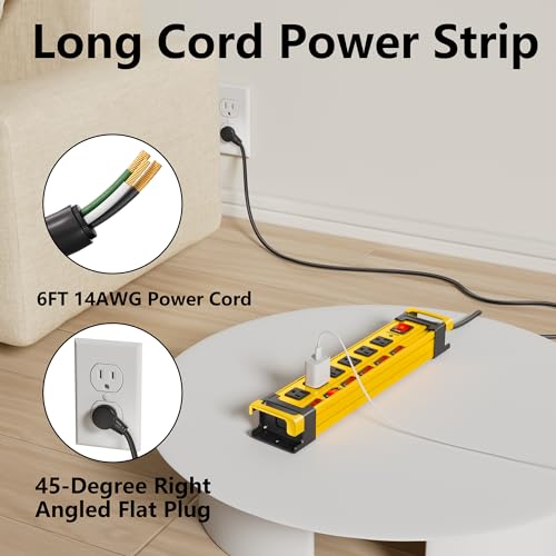 Regleta eléctrica con protector contra sobretensiones, 6 tomas, interruptores individuales, montaje metálico, enchufe plano y gestión de cable, cable de extensión de 6 pies para taller y garaje miniatura 5