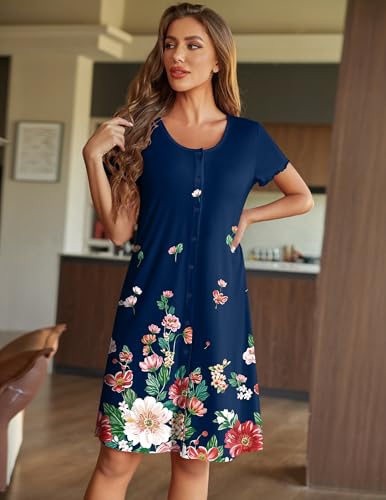 Image of Ekouaer Women's Nightshirt Short Sleeve Button Down Nightgown V-Neck Sleepwear Pajama Dress