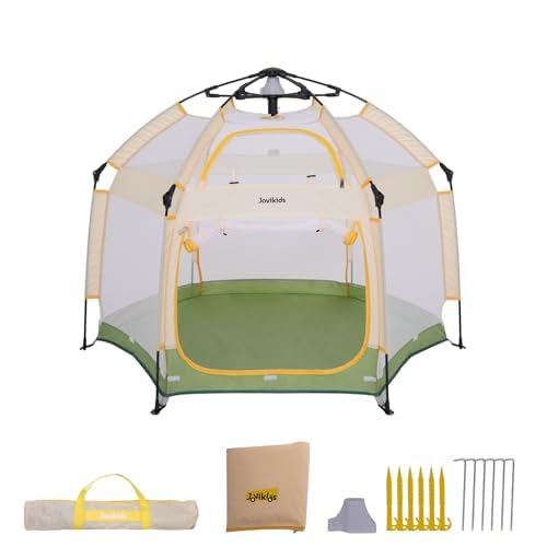 Jovikids Faltbarer Laufstall Baby mit Baldachin, Pop-up Zelt Kinder Outdoor, Großer 6 Eckig Playpen mit Tragetasche für Haus, Garten, Strand, 150x150x105cm