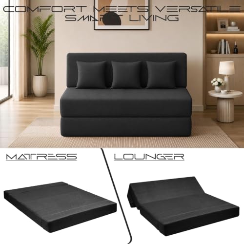 Image of Los Angeles Foldable Three Seater Sofa Cum Bed, Sofa Bed 5 X 6 Feet Jute Fabric Washable Cover Including 3 Cushion Perfect for Living Room - Black Color