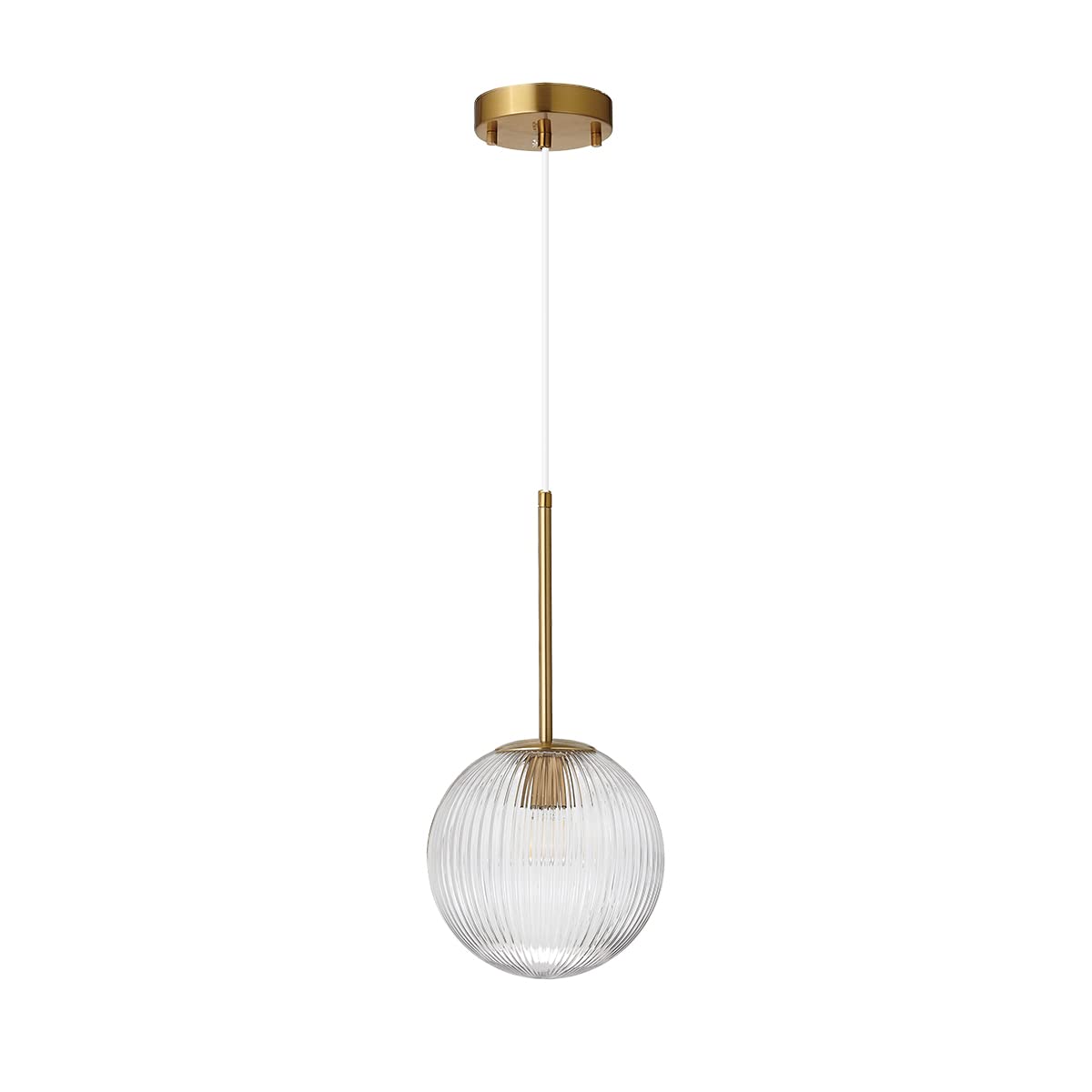 Modern Glass Pendant Lighting for Kitchen Island, 8" Ball Shade| 1-Light Rustic Globe Hanging Light Fixtures with Turn Knob Switch Brass Chandelier for Dining Room Living (Clear Stripe)