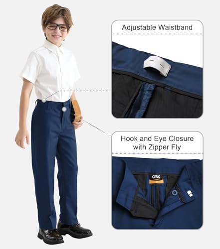 Image of QBK Boys Flat Front Dress Pants Uniform Pants Adjustable Waistband for Toddler to Youth with Pockets