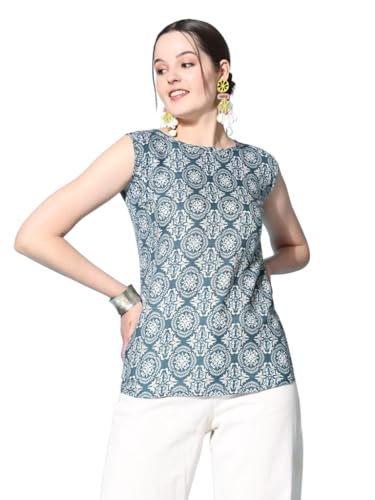 Image of Sleeveless Kurti for Women Pure Cotton Stylish Round Neck Printed Ethnic Short Kurti Jeans Top Casual Office