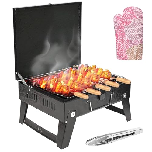 Image of Pivalo Charcoal Barbeque Grill Set | Tandoori BBQ for Home & Outdoor Use | 4 Piece Combo | 5 Skewers | 1 Tong | 1 Glove | Foldable Standing BBQ for Camping, Picnic & Travel Cooking (Pack of 1, Black)