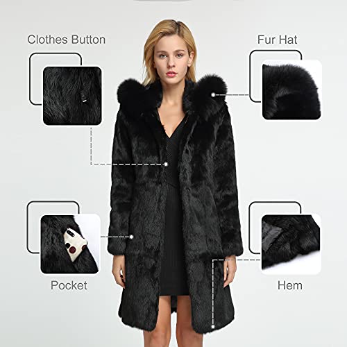 Women's Genuine Rabbit Fur Coat With Fox Fur Hood(6,Black) #TOP1