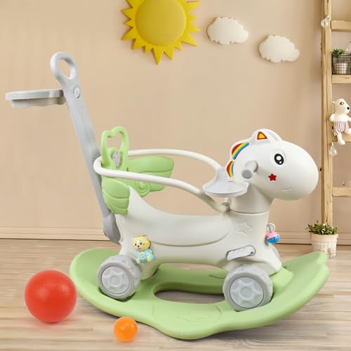 Image of 4 in 1 Rocking Horse for Toddlers 1-3 Years Old, Balance Bike Ride On Toys with Push Handle, Backrest and Balance Board for Baby Girl and Boy, Unicorn Kids Riding Birthday (Green-New)