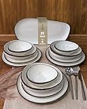 BRICARD Royan - Vajillas Completas 6 Personas - Vajilla Porcelana 25Pzs Blanco/Marrón- Platos Vajilla Con Platos Llanos Y Platos Hondos Y Cuencos, Juego De Platos-Apto Microondas, Horno Y Lavavajillas