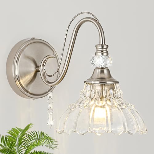 Image of 1 Piece Brushed Nickel Finish Wall Sconce, 1-Light Modern Wall Sconce with Hanging Crystal Accents and Flower-Shaped Clear Shades for Bathroom Bedroom Living Room,Modern Vanity Light