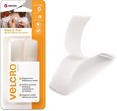 VELCRO Brand Sleek & Thin Sew on Fastener for Fabrics Strong Hook & Loop Self Adhesive Fastener Perfect for Crafting Clothing Repairs & Hemming White 19mm x 90cm