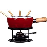 Dieses moderne Set in feuerrot/schwarz beinhaltet: Fonduetopf, Rechaud, Pastenbrenner, Bodenplatte, 4 Fonduegabeln