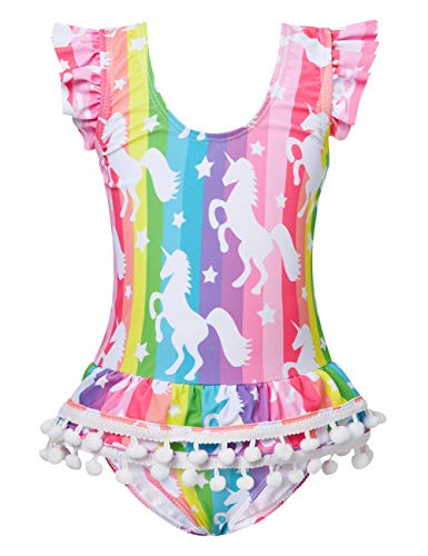 Newborn Baby Girl Swimsuit Ruffle Sleeveless Unicorn Printed Infrant Bathing Suit 6 12 Months Cute Backless Bow Swimwear with Pompon Tassel for Summer